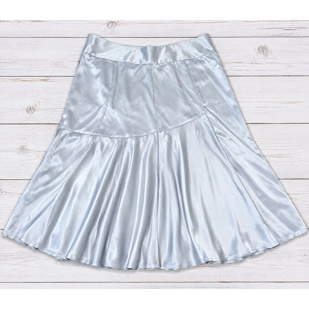 Michael Kors 100% Silk Skirt Steel Blue Satin Flare Midi A-Line Luxe Size 12 NWT